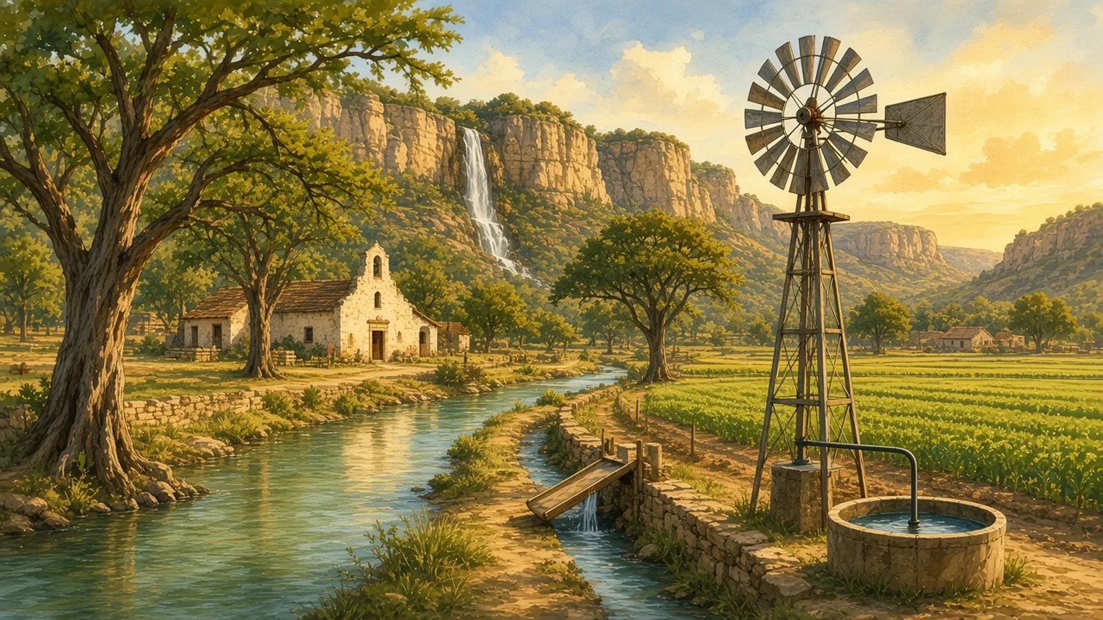 Petin, Texas at golden hour: the river, Mission San Petin, the acequia headgate and the windmill